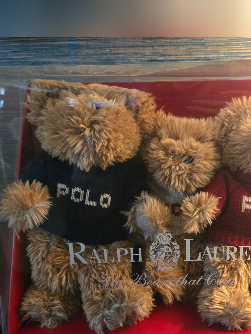 Ralph Lauren Brown Polo Bear Plush Trio with Black & Burgundy Sweaters 2002